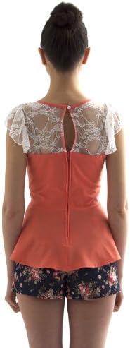 Lette Coral Peplum Top with Lace Sleeves and Back