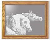 Arabian Horses Etching in Framed Wall Mirror, Solid Oak Frame, Hand-Rubbed Finish, 10 x 12 inches