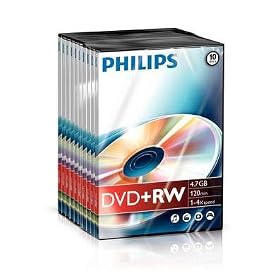 Philips DVD+RW Rewritable Disc (10 Pack) Slim Case PDO/DVDRW/10PK - 120 Minutes Video (Standard Play) 4.7GB Data, 1-4x Certified Speed For Use With DVD+RW Recorders And DVD+RW Data Drives