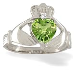 14K White Gold Genuine Heart Peridot and Diamond Celtic Claddagh Ring