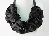 Black Dahlia Flapper Jet Dark Cloth Beaded Floral Ribbon Ruffle Bib Necklace