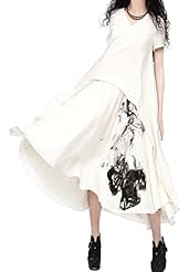 Sexy V-neck Vintage Summer Linen General Print  Dress