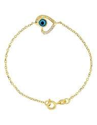Sterling Silver Cubic Zirconia Heart Evil Eye Charm Bracelet Gold Plated 6.75 inch
