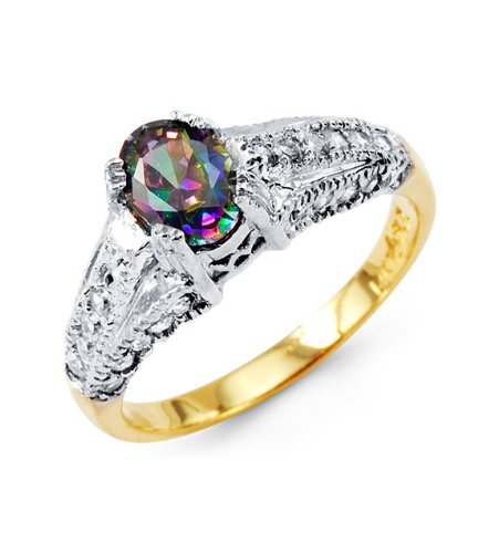 14k Yellow White Gold Oval Mystic Fire Topaz CZ Ring