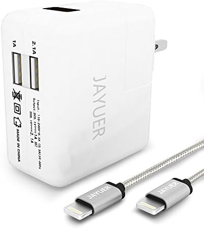 Jayuer Wall Charger Dual USB Universal Portable Charger With 3FT 6FT Lightning To USB Data Sync Cable For iPhone/iPad Air/Pro/Mini and More (White)