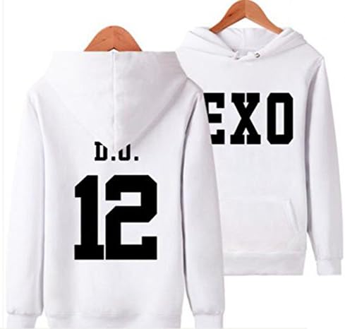 White EXO Members Printing Hoody Sweater Long Sleeve Fleece Hooded Shirt (M, D.O 12)