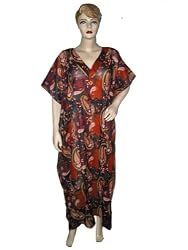 Womens Lounge Wear Orange Black Lightweight Sheer Cotton Caftan Casual Beach Wear Paisley Print Dress Cover Up