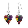 Sterling Silver Hand Blown Multi Color Heart Shape Glass Dangle Long Earrings 1.6''