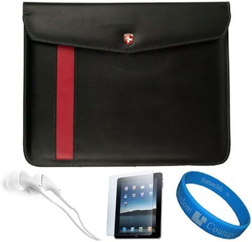 Black Executive Diplomat Leatherware Envelope Carrying Case for Apple iPad 4 / New iPad 3rd Gen / iPad 1 and 2 (16GB 32GB 64GB) compatible with iPad 2 + Clear Anti Gloss Screen Protector + White Headphones + SumacLife Wisdom Courage Wristband