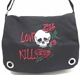 Embroidered Love Kills Skull Black Canvas Messenger Bag