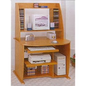 Home Office Oak Finish Wood Computer Desk w Bookcase and Printer Storage