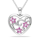 Sterling Silver Pink Sapphire and Diamond Heart Pendant Necklace (0.03 cttw, G-H Color, I2-I3 Clarity), 18