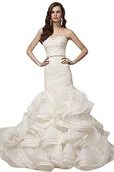 Strapless Lace-Up Beaded Full Length Organza Mermaid Wedding Dress  with a Brush/Sweep Train 