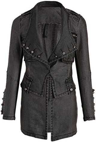 Studded Military Style Washed Out Black Denim Jacket Coat