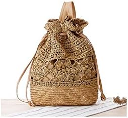 Vintage Boho String Drawstring Straw Weave Crochet Shoulder Bag Backpack Bags Color: Khaki