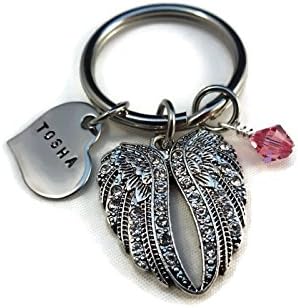 In Loving Memory Personalized Name Heart with Crystal Accent Angel Wings and Birthstone