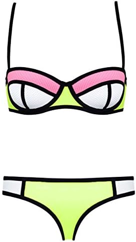 Women's 2 Pieces Push up Color Neoprene Top Bottom Bikini Set Swimsuit(Yellow,L)