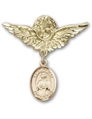 14K Gold Baby Badge with St. Kateri Charm and Angel with Wings Badge Pin