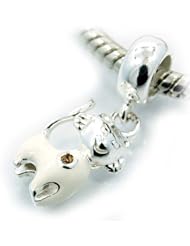 .925 Sterling Silver " White Cat w/Cubic Zirconia " Dangle Charm Bead Compatible with Pandora Chamilia Kay Troll Bracelet