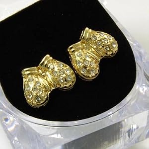 BLING Double Boxing Gloves Ice Crystal Charm Stud Earrings in Ice Cube Gift Box Gold Tone