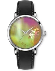 SPRAWL Aanalog Fashion Series Silver Ladies Watches of Genuine Black Leather Strap,Unique Wrist Watch for Women Girls Designed with Floral pattern in blurred background