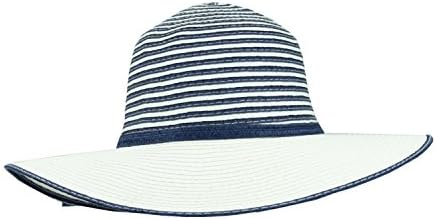 Navy Foldable Roll Up UV Straw Sun Hat w/ Wide Brim, Striped Crown - SPF 50