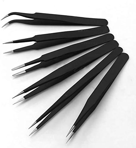 ONLYOU ESD 6Pcs Black Stainless Steel Resists Corrosion Safe Anti-static Tweezers Maintenance Tools ESD10-15