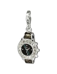 SilberDream Charm black and grey enameled wrist watch with white Zirconia, 925 Sterling Silver Charms Pendant with Lobster Clasp for Charms Bracelet, Necklace or Earring FC657