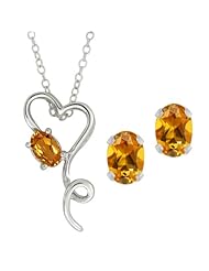 1.85 Ct Oval Citrine Heart Shape Pendant Earrings Set With 18" Chain