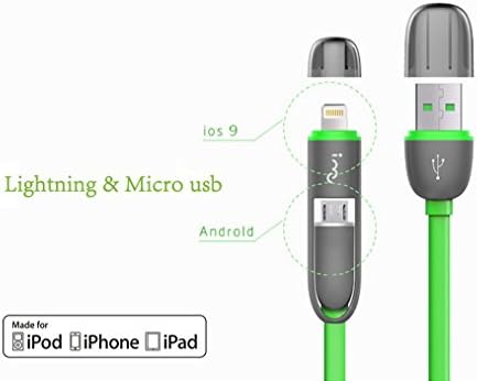 i-mu High Speed 2-in-1 Charger With Lightning &amp; MicroUSB For iPhone, iPad, Sumsung, HTC, Motorola, Huawei, Nokia, Sony, BlackBerry(3 ft) [Apple MFi Certified] (Random Color: Blue or Green)