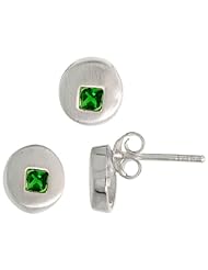 Sterling Silver Matte-finish Round-shaped Earrings (7mm) & Pendant Slide (8mm) Set, w/ Princess Cut Emerald-colored CZ Stones