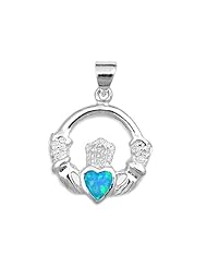 Sterling Silver Womens Claddagh Blue Fire Opal Pendant Charm Pure 925 New 20mm with 1.5mm Ball Bead Chain