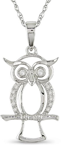 10k White Gold 0.05ct TDW Diamond Owl Pendant