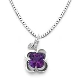 14k White Gold Clover Shaped Amethyst and Diamond Pendant with Chain