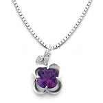 14k White Gold Clover Shaped Amethyst and Diamond Pendant with Chain
