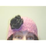 Cp155, Hand Crocheted Multipink Chenille Gimp Tweed Skull Cap with One Pinned Black Silk Flower for Women and Teens