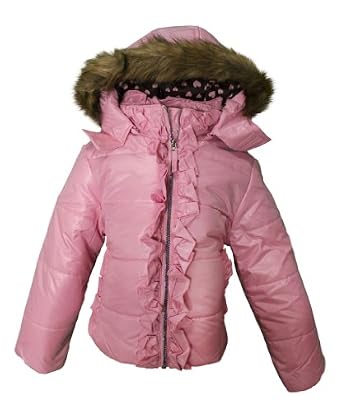 Rothschild Girls Pink Puffy Winter Jacket with Faux Fur Trim