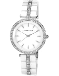Anne Klein Womens AK/1445WTSV Swarovski Crystal Accented Silver-Tone and White Ceramic Bracelet Watch