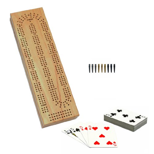 Cabinet Cribbage Set - Solid Wood Continuous 3 Track Board with Easy Grip Pegs, Cards and Storage Area On Sale