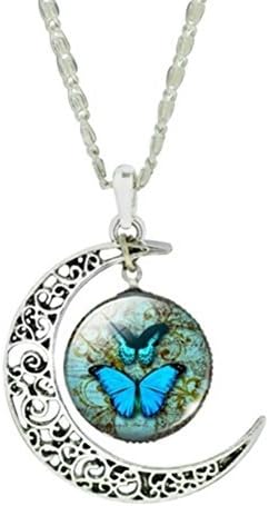 New Vintage Sterling Silver Jewelry Fashion Moon Butterfly Collares for Women Romantic Glass Cabochon Statement Pendant Necklace