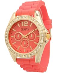 Womens Geneva Rhinestone-accented Chronograph Style Silicone Watch - Salmon/Gold