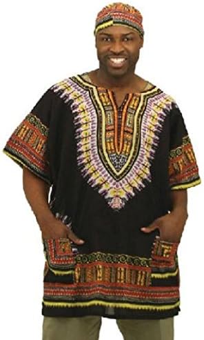 African Unisex Traditional Print Dashiki, Many Colors, One Size (Black)