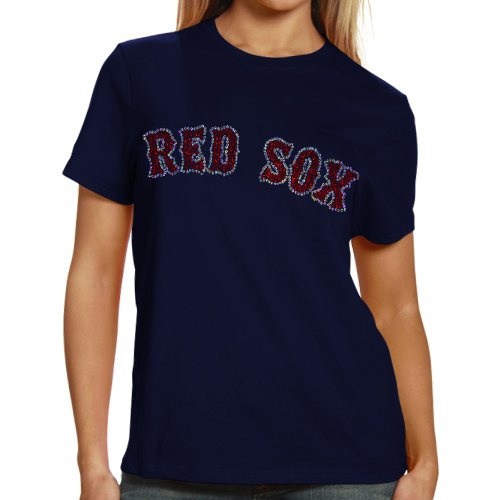 Boston Red Sox Ladies Sequin Jersey Logo Premium T-Shirt - Navy Blue (Small)