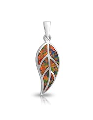 Bling Jewelry Gemstone Red Opal Inlay Nature Leaf Dangle Pendant Sterling Silver