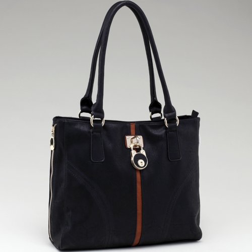 Dasein Striped Fashion Tote Bag w/ Lock Accent & Side Zip Decor -Black/Brown