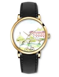 SPRAWL Aanalog Fashion Series Gold Ladies Watches of Genuine Black Leather Strap,Unique Wrist Watch for Women Girls Designed with Drawing city