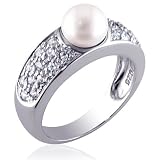Romance in Elegance: Sterling Silver Rhodium Finish and Pearl Promise Ring with Cubic Zirconia