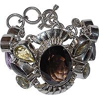 Link Charm Bracelet Sterling Silver Multi Gemstones 7 Inches