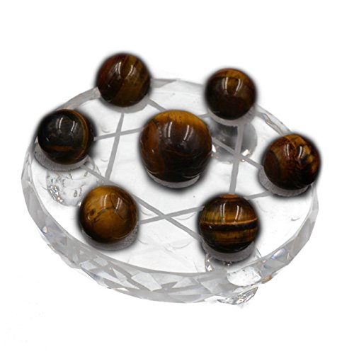 MIKINI Qixing Array Seven Star Group Natural Carved 7 Chakra Stones Crystal Balls Sphere Figurine Statue with Quartz Crystal Glass Stand (Yellow Tigers Eye Stone Balle)