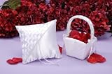 Woven White Satin Cermony Set with Rhinestone Accents - Ring Bearer Pillow and Flower Girl Basket Set Woven White Satin Cermony Set with Rhinestone Accents - Ring Bearer Pillow and Flower Girl Basket Set